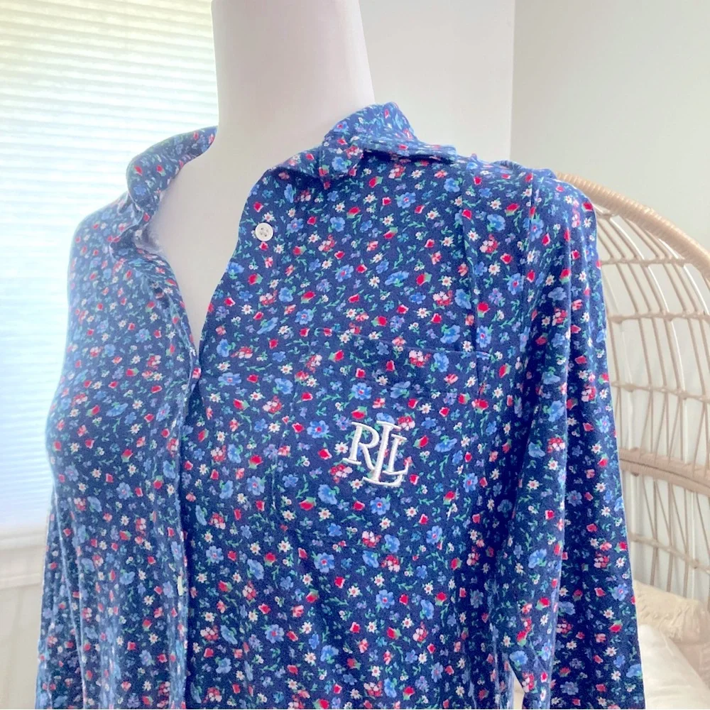 Lauren‎ Ralph Lauren Small Navy Floral Cotton Button Front Nightshirt Pajamas - Picture 2 of 7